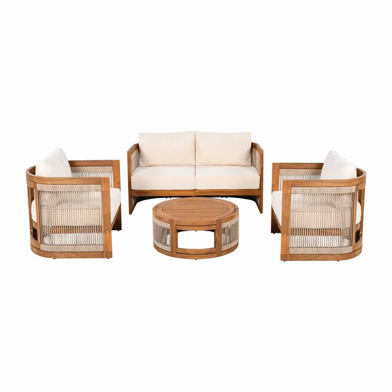 4-Piece Outdoor Wood Conversation Sofa Set with Coffee Table, Cushions