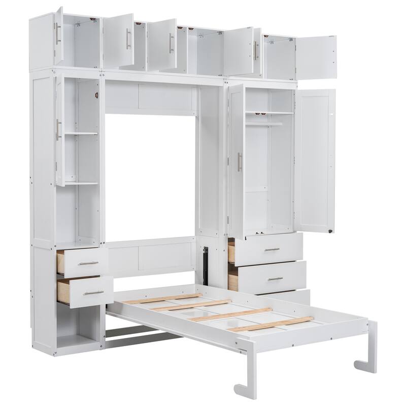 Space-Saving Twin Murphy Bed with Lockers and Wardrobes, White