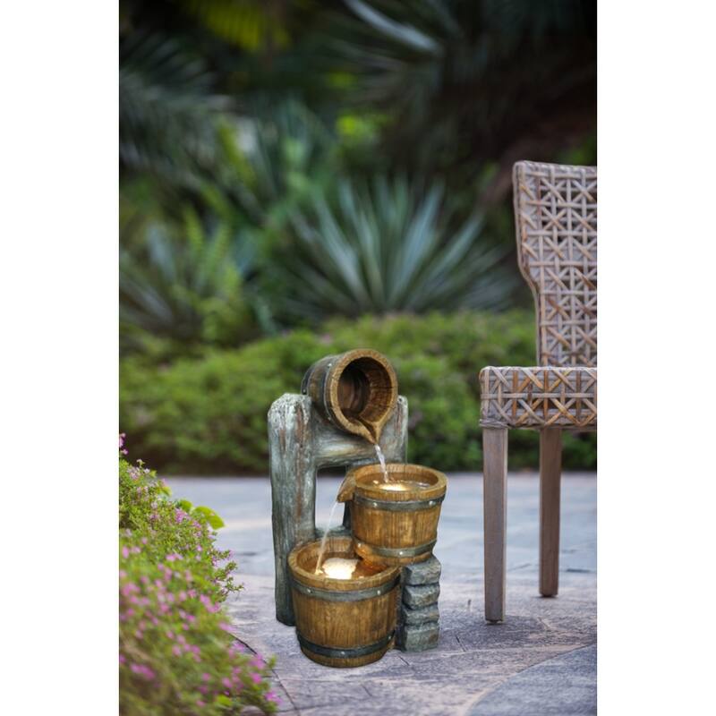 10.4x9.4x19.1" Decorative 3 Tier Bucket Fountain with Lights and Pump, Brown