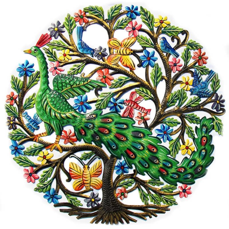 Handmade Painted Peacock in Tree Wall Art Recycled Steel Wall Art