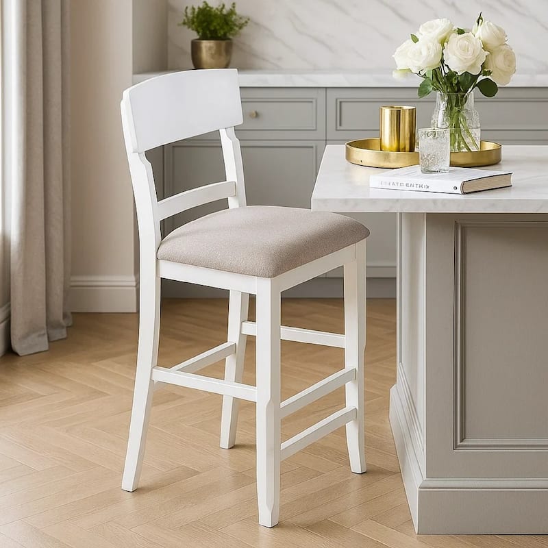 Keyan Counter Height Chair, Set of 2, Foam Gray Fabric Seat, Antique White Wood