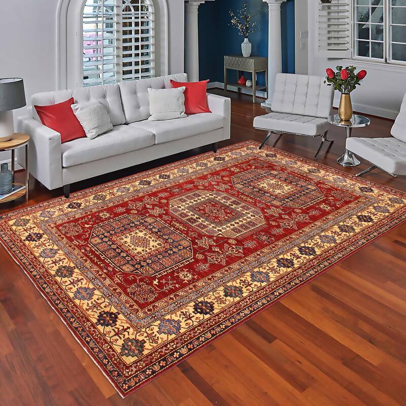 Rustic Super Kazak Sariyah Red/Tan Hand Knotted Wool Rug - 6'8'' x 9'11''