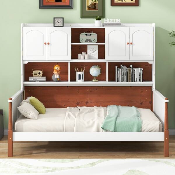 slide 2 of 8, Sturdy Twin Size Pine Wood Platform Bed Frame w/ Multiple Storage Twin - White+Walnut