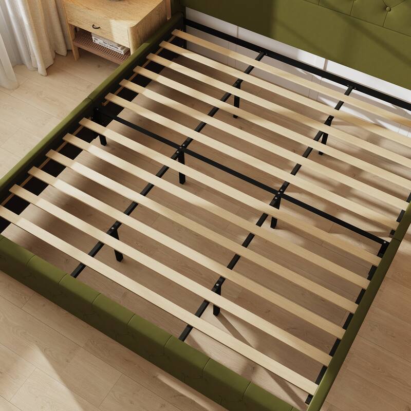 King Size Olive Green Leather Upholstered Platform Bed with Extra Tall 52.8" Tufted Wingback Headboard Bed Frame