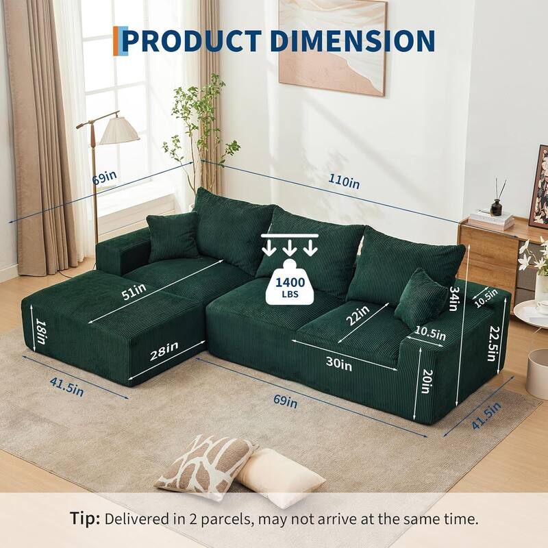 110" Oversized L-Shaped Sectional Sofa with Right Chaise, Cloud Couch with Corduroy & Memory Foam