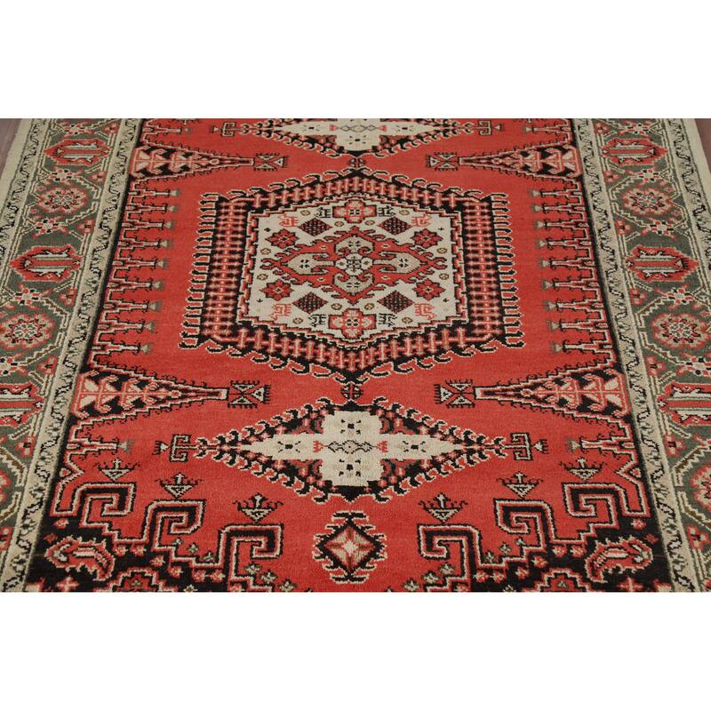 Geometric Viss Indian Area Rug Hand-Knotted Orange Wool Carpet - 6'0" x 9'0"