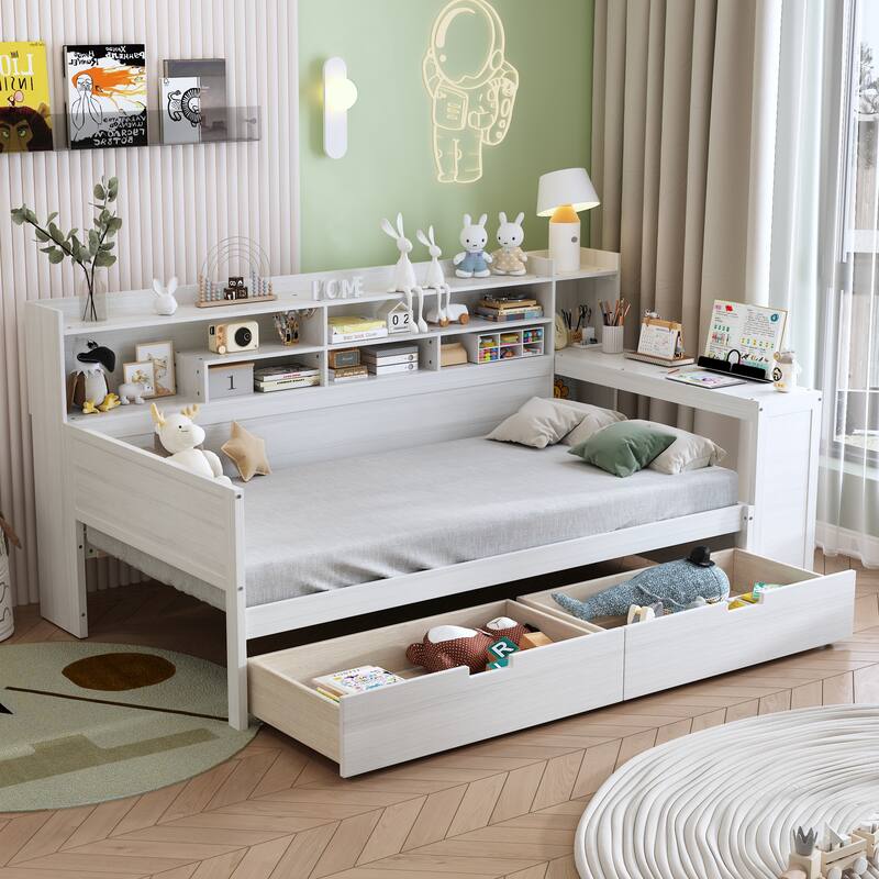 Twin Size Wooden Daybed Platform Bed with Recessed Desk Storage Shelves and 2 Drawers Under Bed for Compact Spaces, Bedroom