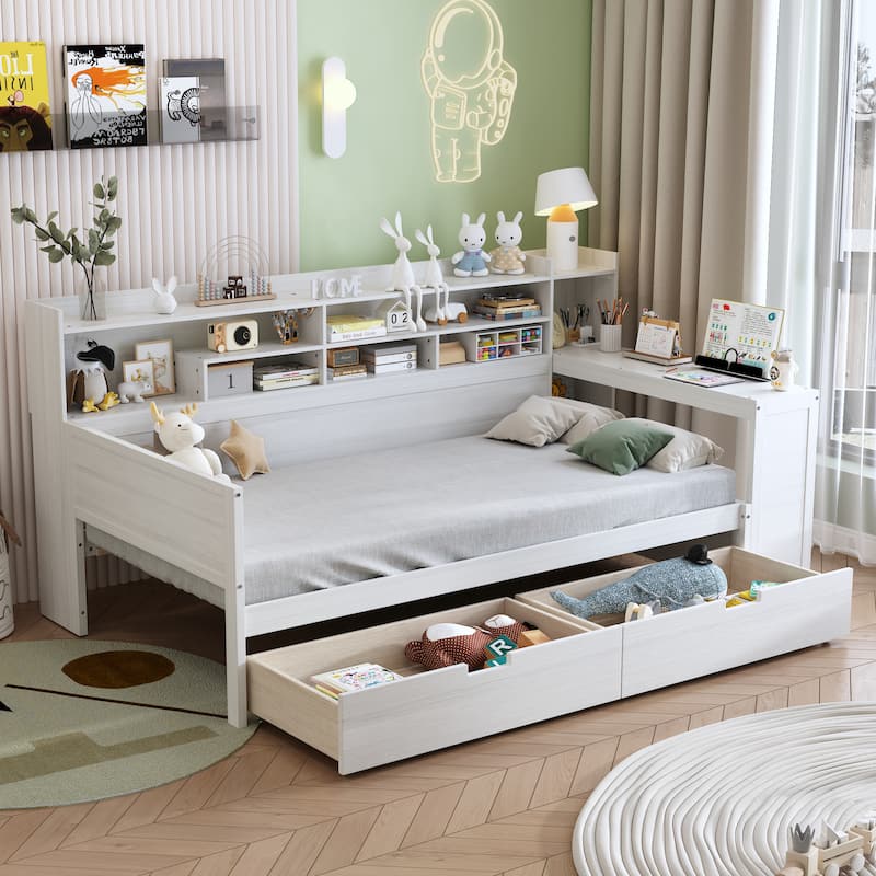 Wooden Twin Size Daybed with Storage Shelves, Multi-functional Bed with 2 Storage Drawers and Study Desk, Antique White