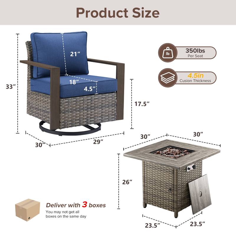 Meyreso 5-Piece Wicker Swivel Glider Fire Pit Set with Plush 4.5" Olefin Cushions