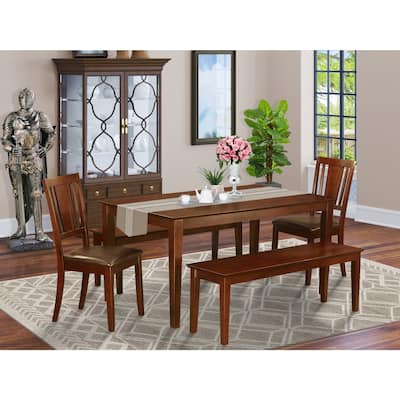 HomeStock 5-Piece Rectangle Mahogany Finish Solid Wood Top Dining Table with 2 Benches, 2 Chairs