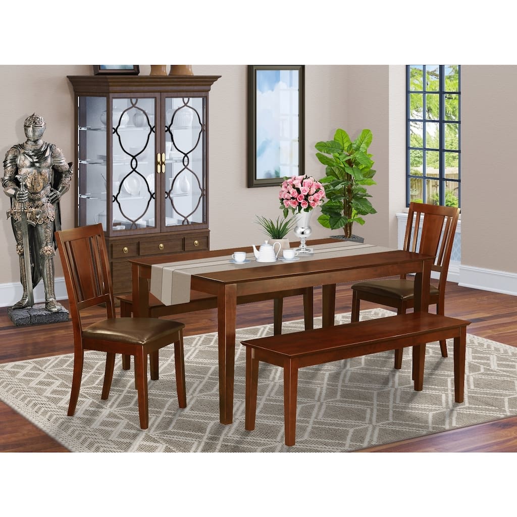 HomeStock 5-Piece Rectangle Mahogany Finish Solid Wood Top Dining Table with 2 Benches, 2 Chairs