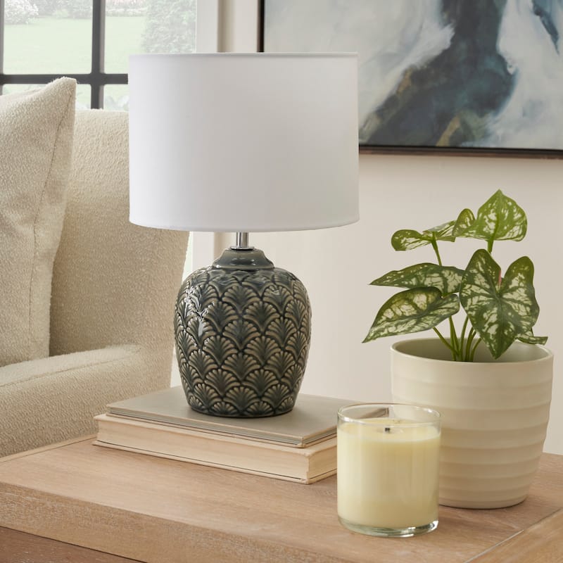 Nourison 13" Grey Carved Motif Ceramic Table Lamp