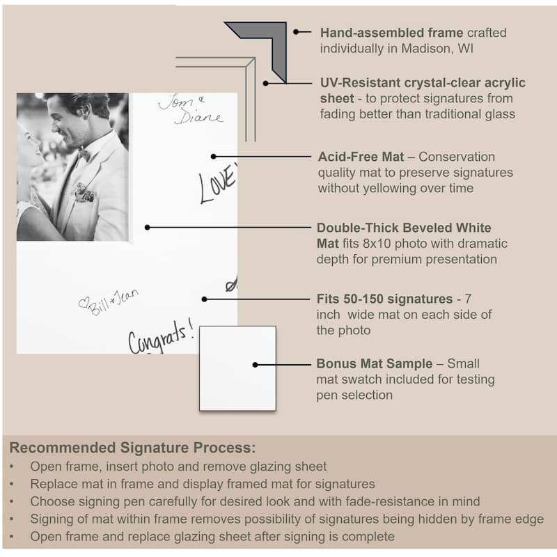 Hardwood Signature Mat Picture Frame - Autograph Photo Frame Guest Book Alternative for Weddings, Graduations, or Retirement