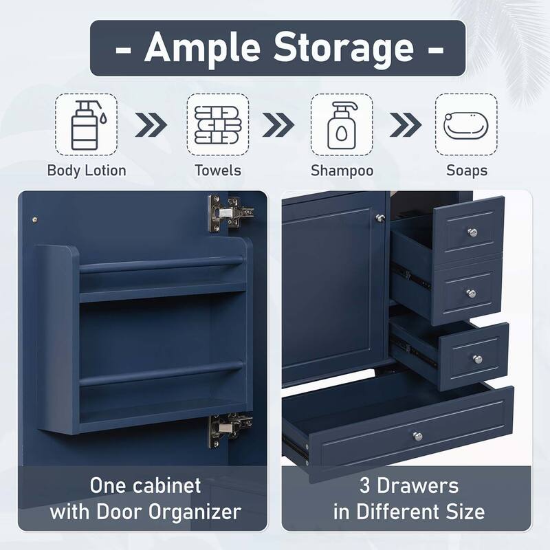 Freestanding Vanity Set with Shelf and Three Drawers,Soft Close Door