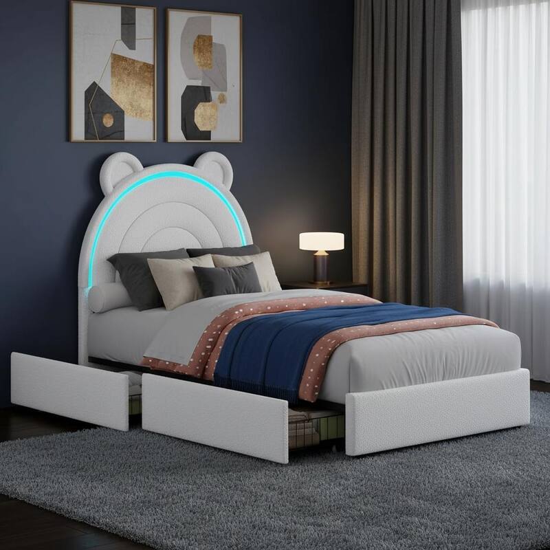 Velvet Upholstered Platform Bed Frame, with 2 Storage Drawers - White