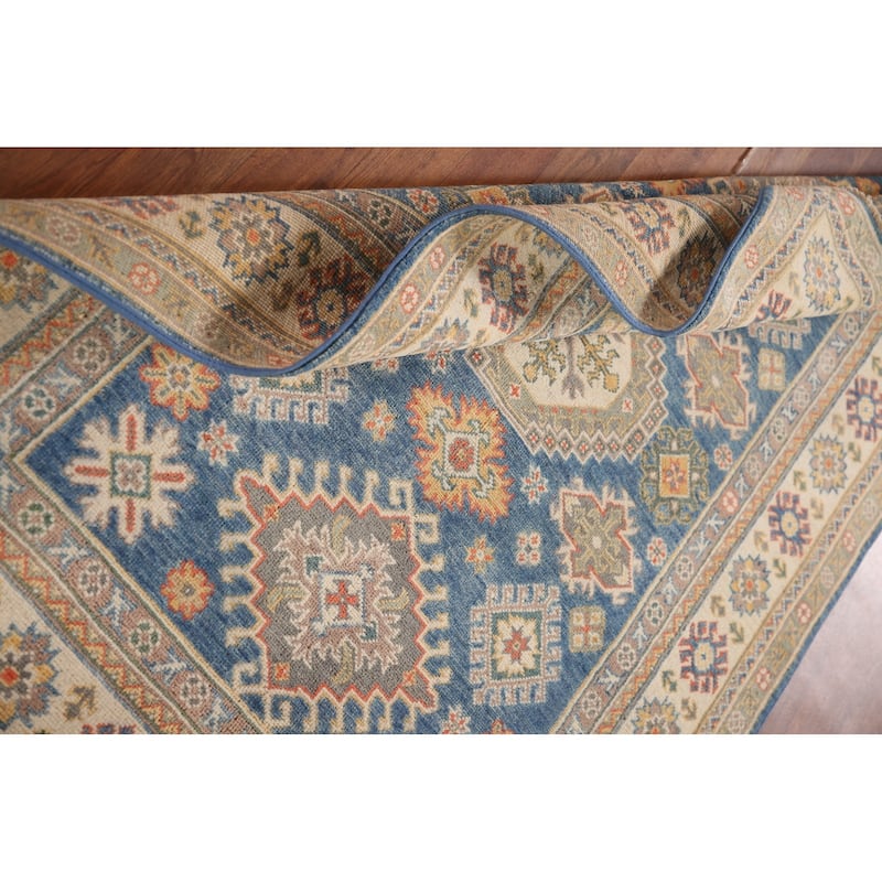 Blue Geometric Kazak Oriental Area Rug Hand-Knotted Wool Carpet - 4'0"x 5'9"