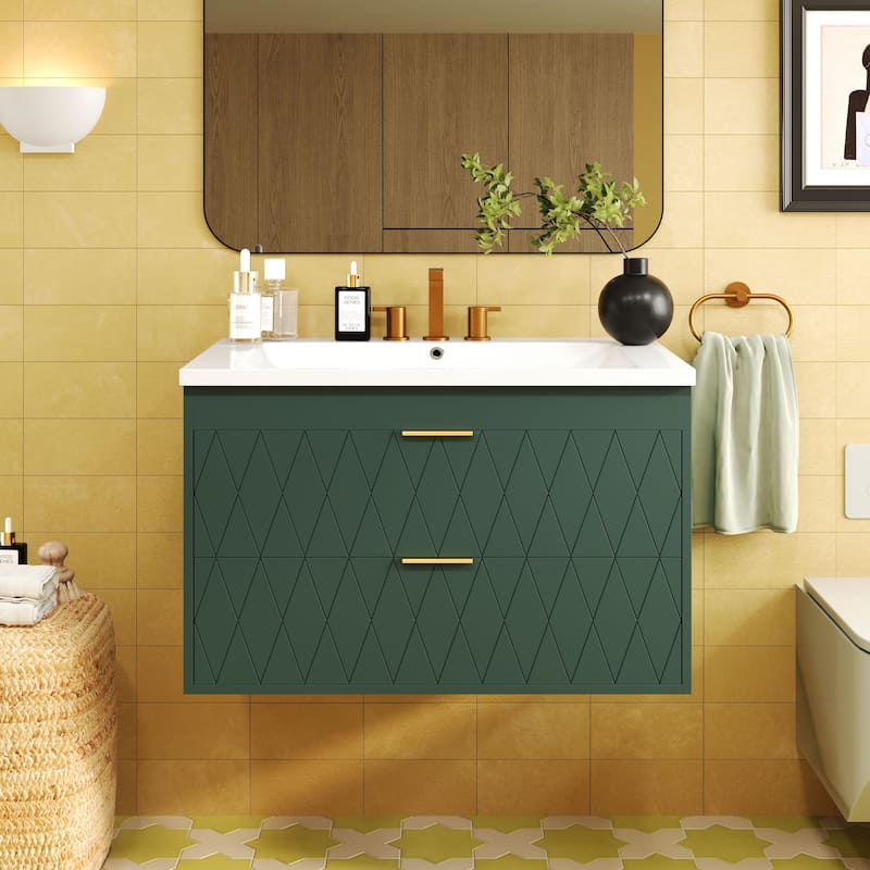 30-Inch Wall-Mounted Bathroom Vanity with Resin Sink & Storage Drawers - Modern Floating Design