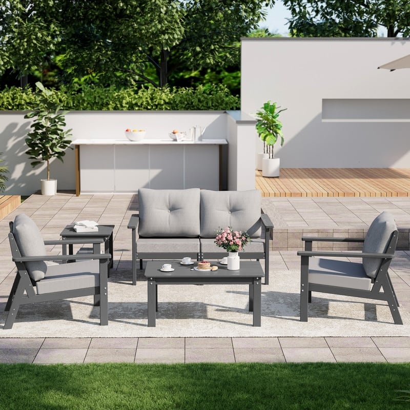 6-Piece HDPE Patio Conversation Seating Set with Cushions - 6-Pieces