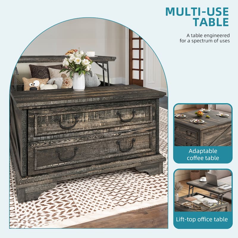 Moasis Lift Top Coffee Table Farmhouse Wood Central Table for Living Room with 2 Drawers and Hidden Storage Compartment