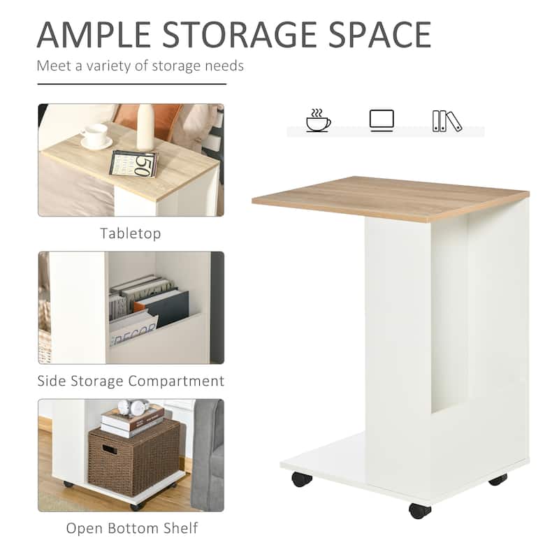 HOMCOM C-Shaped Sofa Side Table Mobile End Table with Storage and Wheels for Living Room, Bedroom, Office