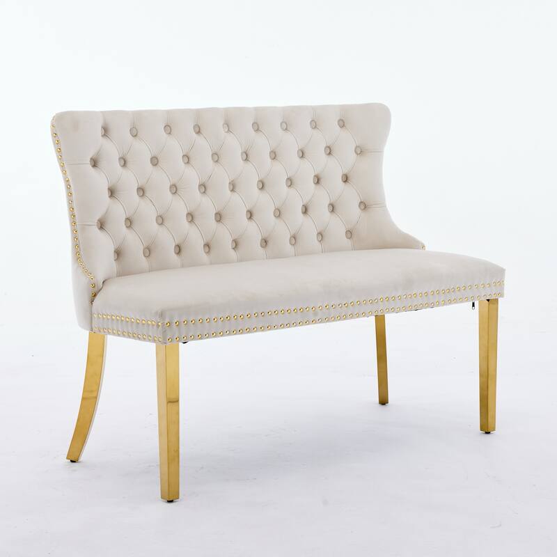 Roomfitters Upholstered Loveseat Bench with Nailhead Trim and Gold Metal Legs, Modern High Back Settee for Dining Room, Beige