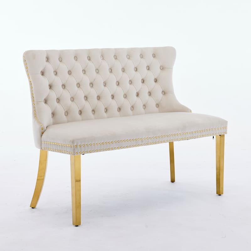 Velvet Double Dining Loveseat Bench, 2-Seat Tufted Bench w/Handmade Buttons, Wing Back, Gold-Plated Steel Legs, Single Pack
