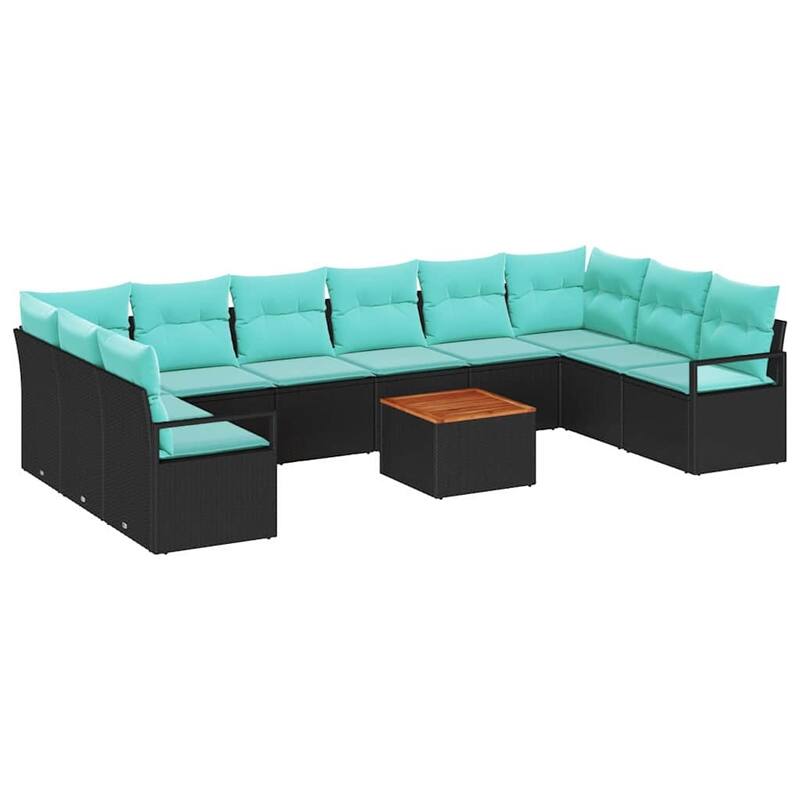 vidaXL 11 Piece Garden Sofa Set with Cushions Black Poly Rattan Acacia - 135.4×69.7×27.2
