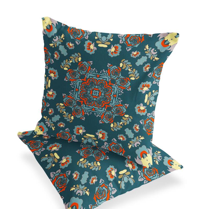 HomeRoots Set of Two 16" X 16" Green and Red Blown Seam Floral Indoor Outdoor Throw Pillow - 16.00' X '16.00' X '5.00