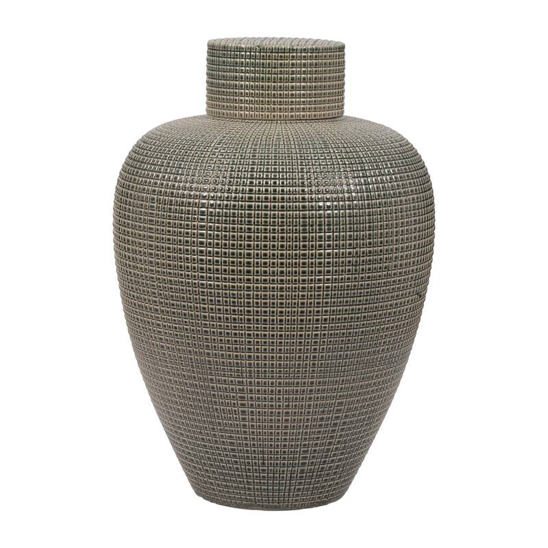 Sagebrook Home Dempsey Green Lidded Jar - Stoneware, Green, Checkered, Bud, Elegant Color, Perfect Accent Piece