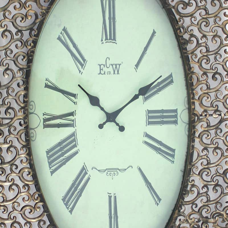 Wall Clock with Scalloped Wooden Top and Bottom, Brown