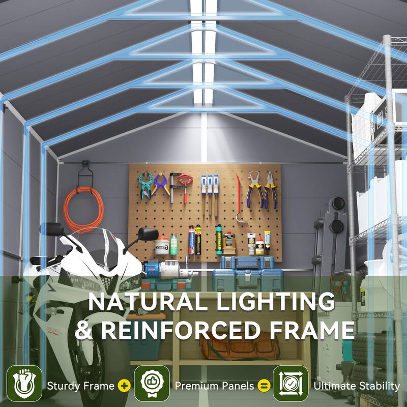 EROMMY Outdoor Storage Shed with Built-In Floor, Lockable Double Doors & Sloped Roof, Gray/Black