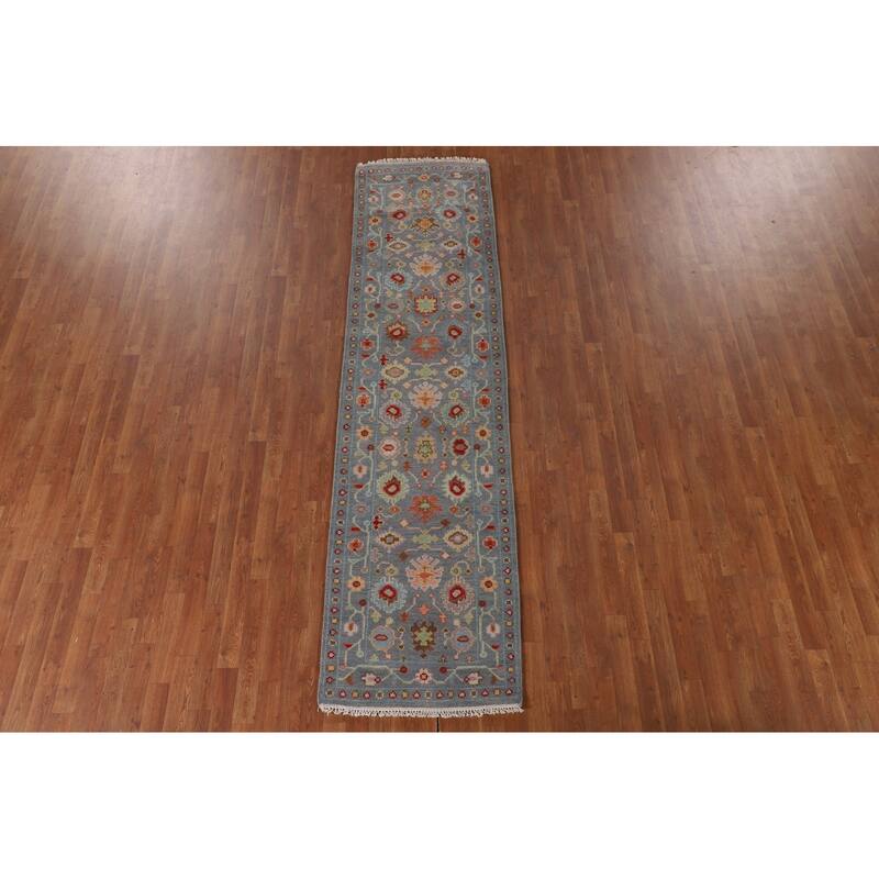 All-Over Floral Oushak Indian Runner Rug Handmade Wool Carpet - 2'7"x 9'11"