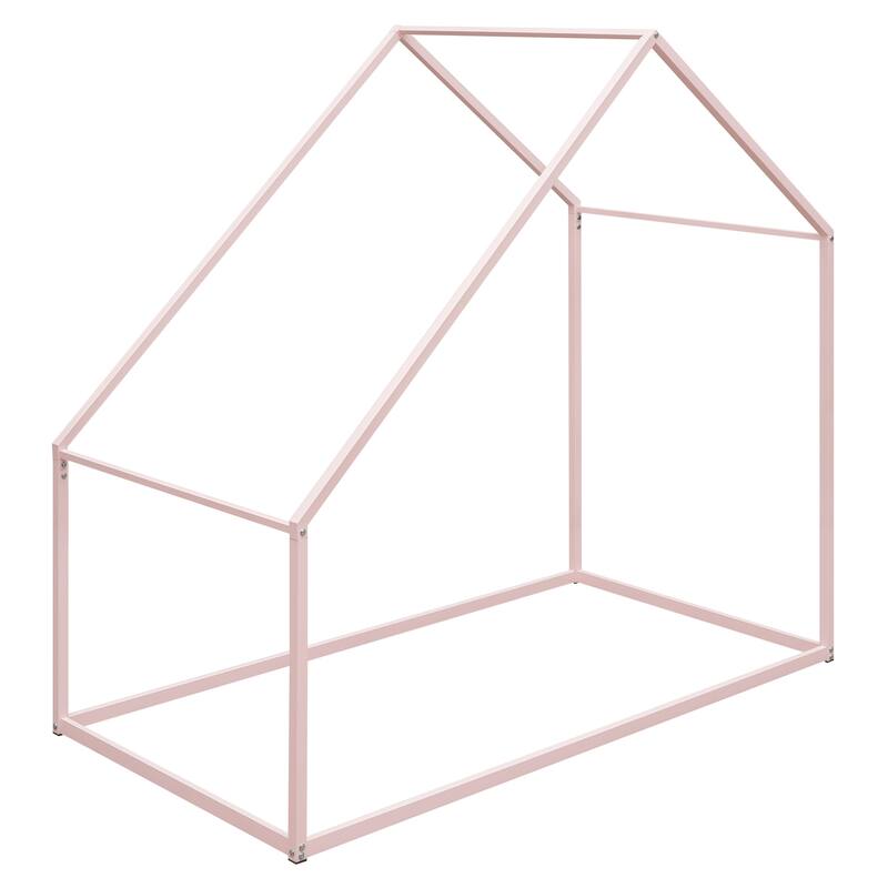 Metal House Bed for Kids Open Design, Roof Canopy, Twin Size