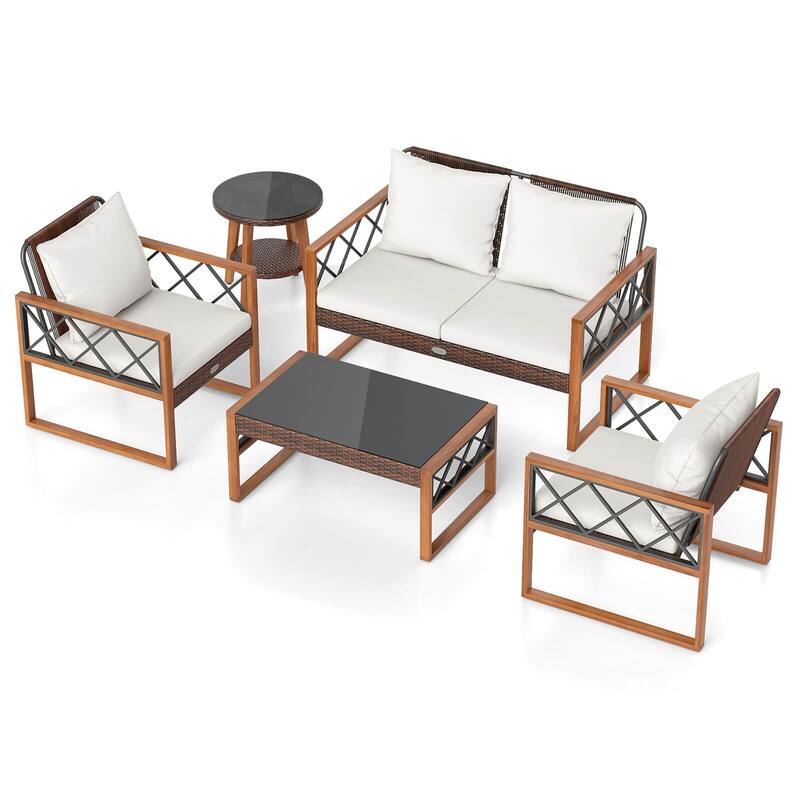 Gymax 5 PCS PE Wicker Patio Furniture Set w/Acacia Wood Frame Cushions - White