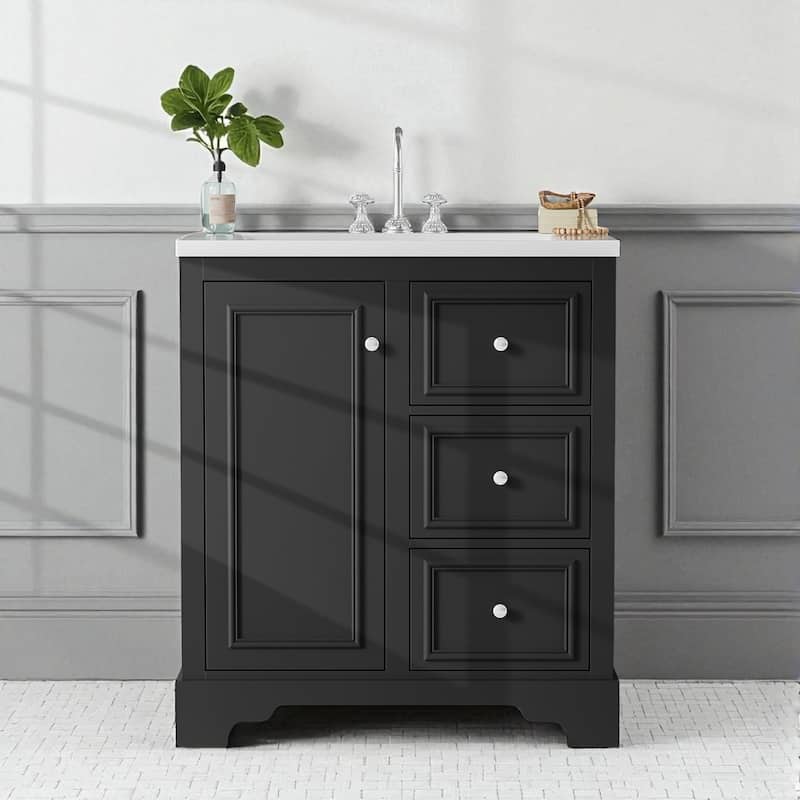 30 Inch Bathroom Vanity with Ceramic Sink, 3 Soft Close Drawers, Adjustable Shelf and Solid Wood Frame - Black