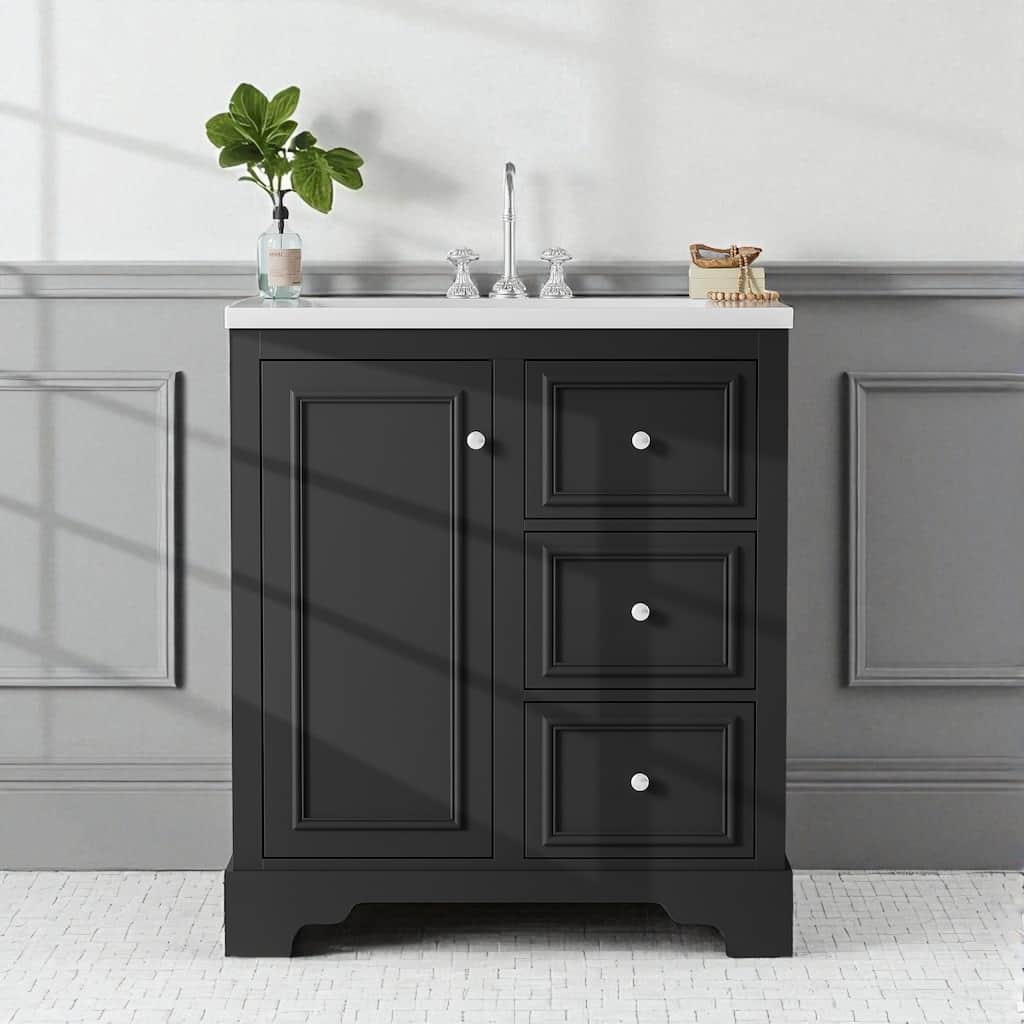 30 Inch Bathroom Vanity with Ceramic Sink, 3 Soft Close Drawers, Adjustable Shelf and Solid Wood Frame