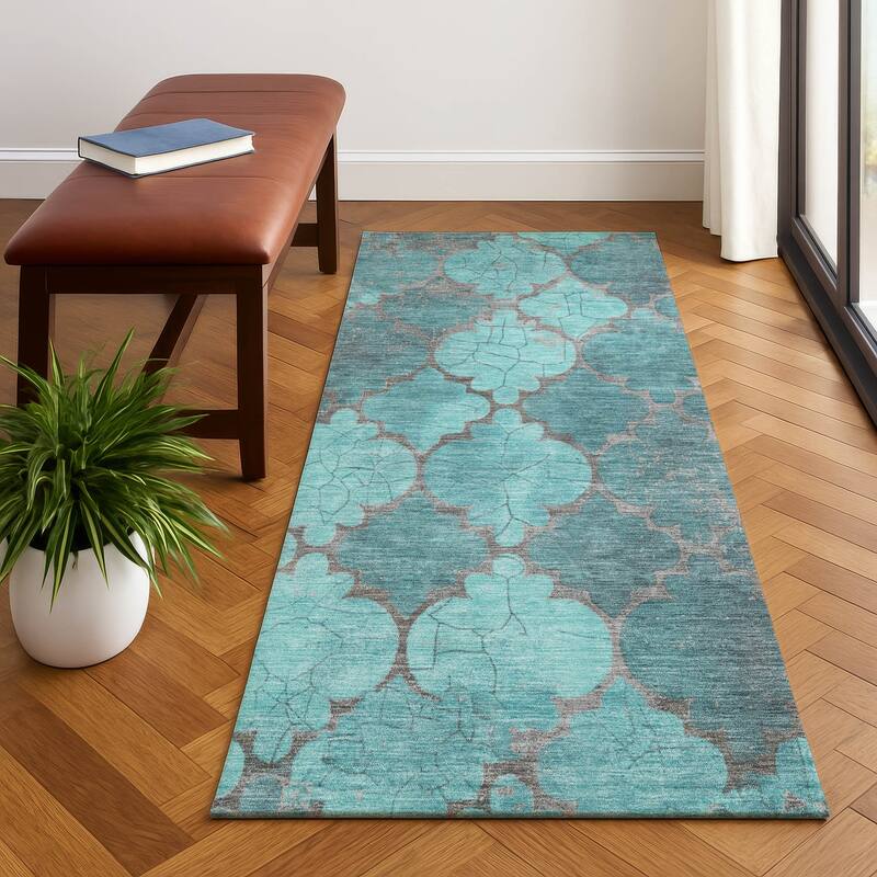 Premium Washable Super Soft Modern Trellis Mayfield Rug - Teal - 2'3" x 7'6"