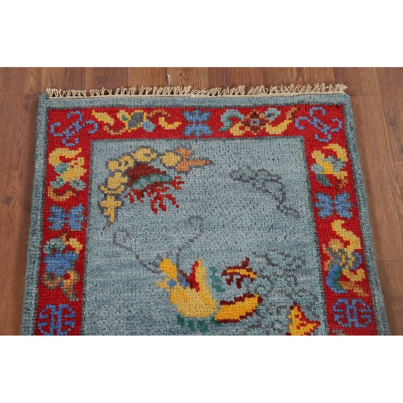 Hand Knotted Oriental 100% Wool Carpet Traditional Bordered Navy Blue & Blues Art Deco Area Rug - 3' 0'' X 2' 0''