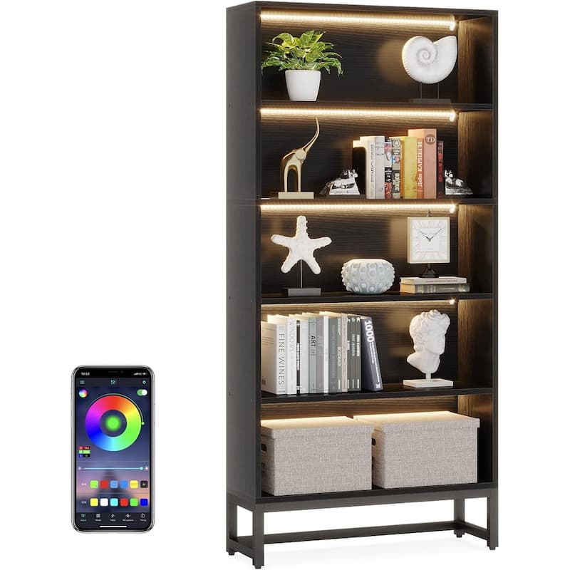 5-Tier Tall Bookshelf with LED Lights Adjustable Shelves Heavy Duty Metal Frame for Home Office Library Storage