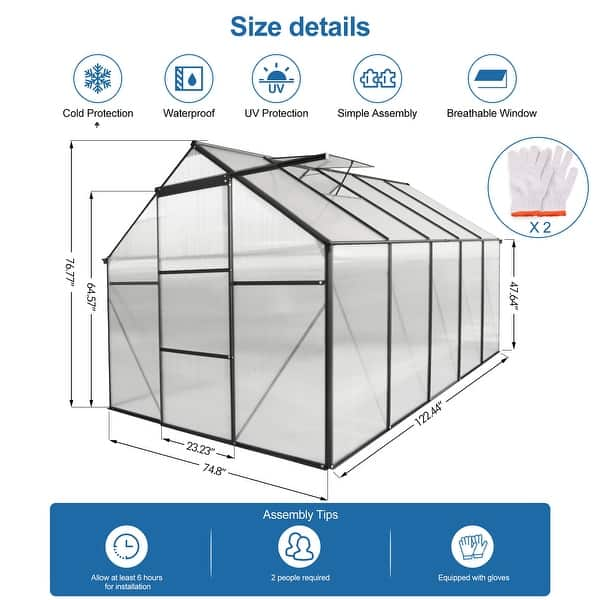 6x10 FT Polycarbonate Greenhouse Raised Base and Anchor Aluminum Heavy ...