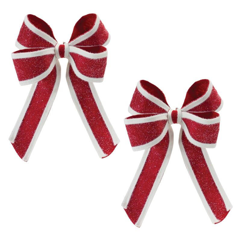 Glittered Christmas Bows - 14.5" - Red and White - Set of 2