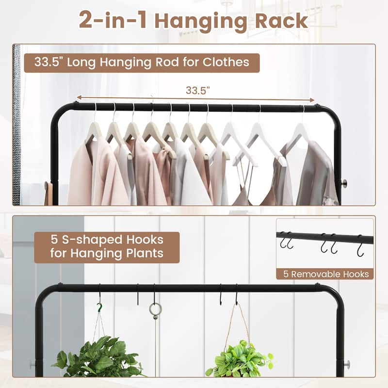Industrial Pipe Rolling Garment Rack Clothing Rack with Hooks & Shelf