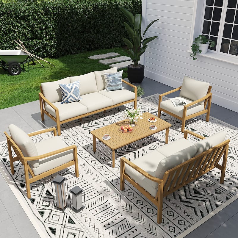Outdoor 5 Piece Wooden Chair Set With Table And Cushion