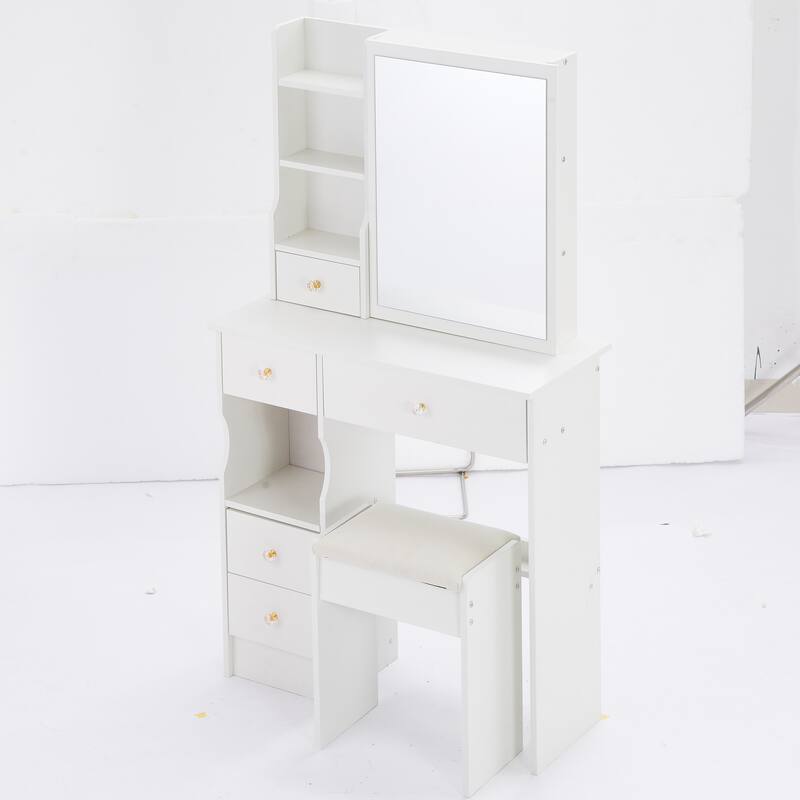 29.2" Small Space Left Drawer Desktop Vanity Table + Cushioned Stool, Extra Large Right sliding mirror