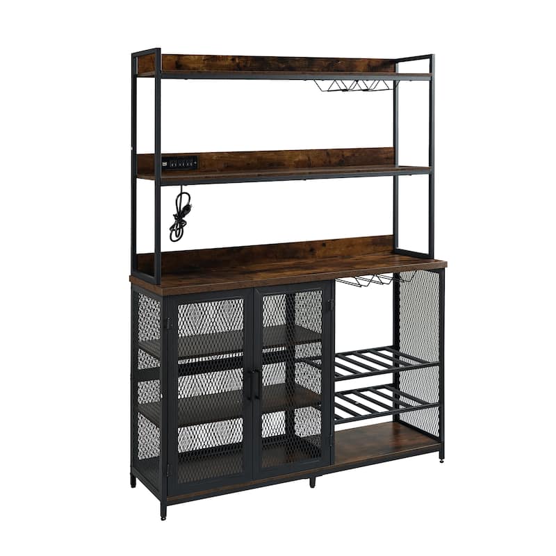 Coffee Bar Cabinet with Power Outlet, Industrial Buffet Cabinet with LED Strip and Glass Holder, 3-Tiers Liquor Cabinet Bar