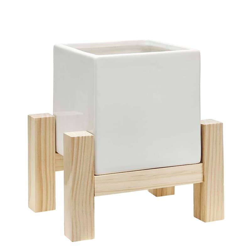 Southern Patio Hemingway Ceremic Square Indoor Planter with Wooden Stand