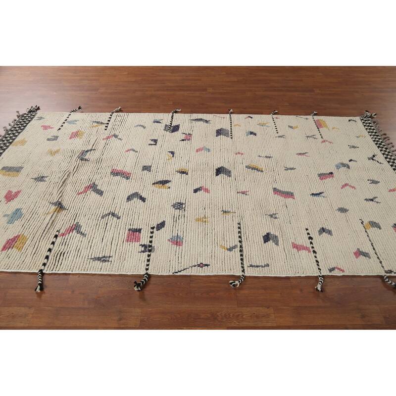 Earth Tone Moroccan Area Rug Hand-Knotted Beige Wool Carpet - 4'10"x 9'2"