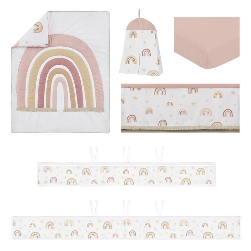 Boho Rainbow Girl Sweet Jojo Designs 6p Crib Bedding + BreathableBaby Breathable Mesh Liner Pink Bohemian Modern