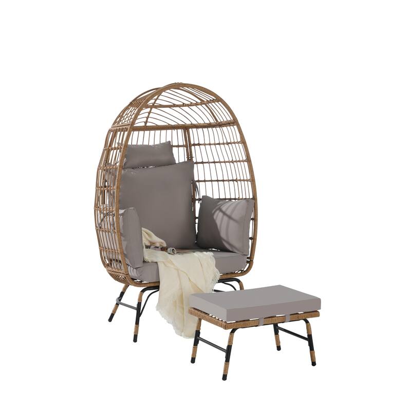 Oversized Wicker Egg Chair with Ottoman - 600lb Capacity Rattan Hanging Chair with Thick Cushions for Indoor/Outdoor Patio
