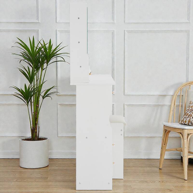 29.2'' Small Vanity Table with LED Tri-Color Mirror, Drawer & Cushioned Stool, Space-Saving Makeup Desk for Small Rooms